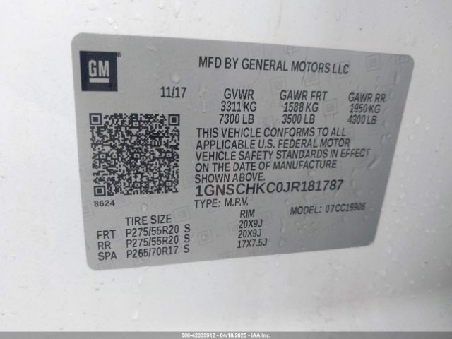 1GNSCHKC0JR181787 Chevrolet Suburban Lt