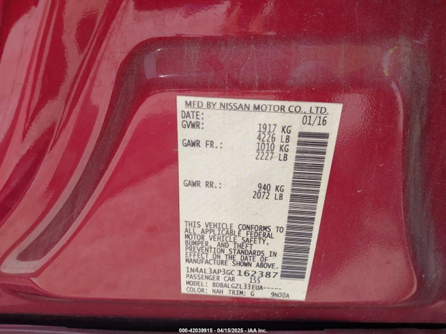 1N4AL3AP3GC162387 Nissan Altima 2.5/2.5 S/2.5 Sl/2.5 Sr/2.5 Sv