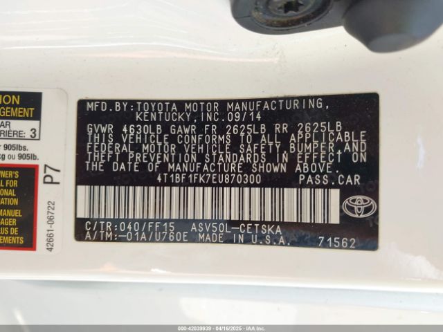 4T1BF1FK7EU870300 Toyota CAMRY SE
