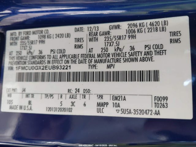1FMCU0GX2EUB93221 Ford ESCAPE SE