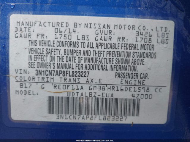 3N1CN7AP8FL823227 Nissan Versa 1.6 Sv