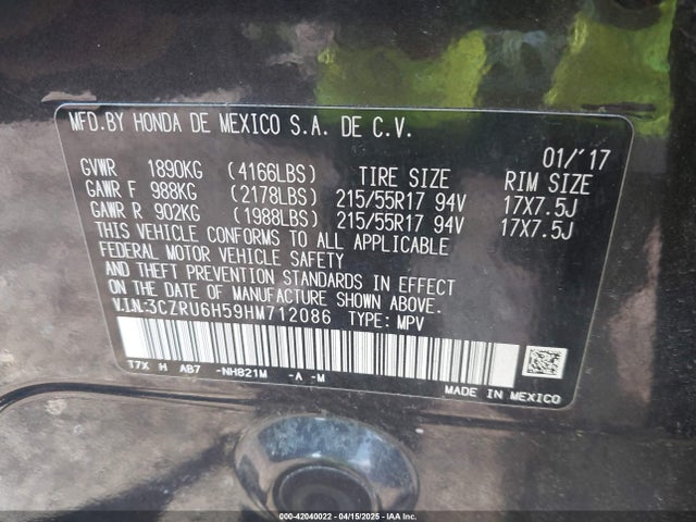 3CZRU6H59HM712086 Honda HR-V EX