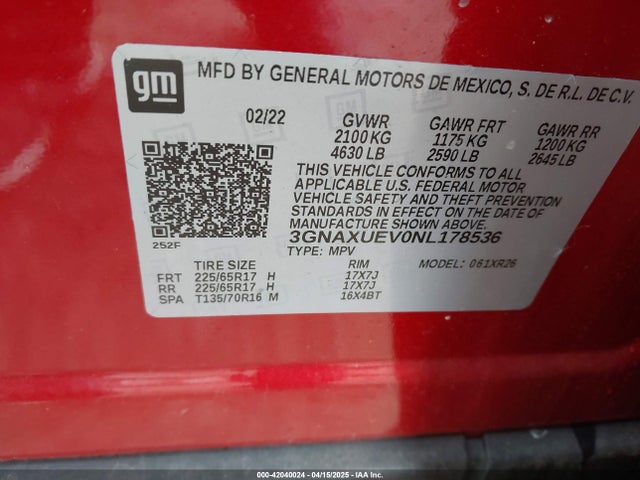 3GNAXUEV0NL178536 Chevrolet Equinox Awd Lt