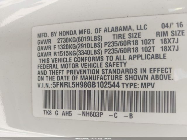 5FNRL5H98GB102544 Honda Odyssey Touring/touring Elite
