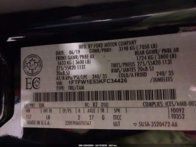 1FTFW1E53KFC34426 Ford F-150 Lariat