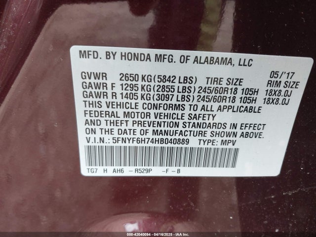 5FNYF6H74HB040889 Honda Pilot Ex-l