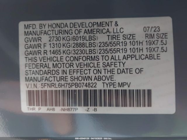 5FNRL6H75PB074822 Honda Odyssey Sport