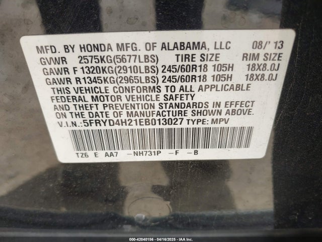 5FRYD4H21EB013027 Acura j35y5