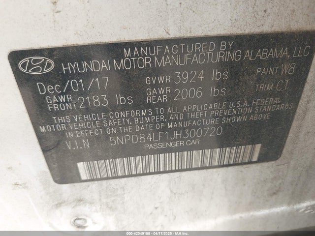 5NPD84LF1JH300720 Hyundai mpi nu