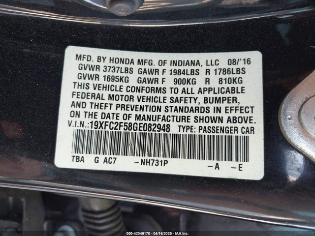 Honda k20c2 2016 19XFC2F58GE082948 Image 9