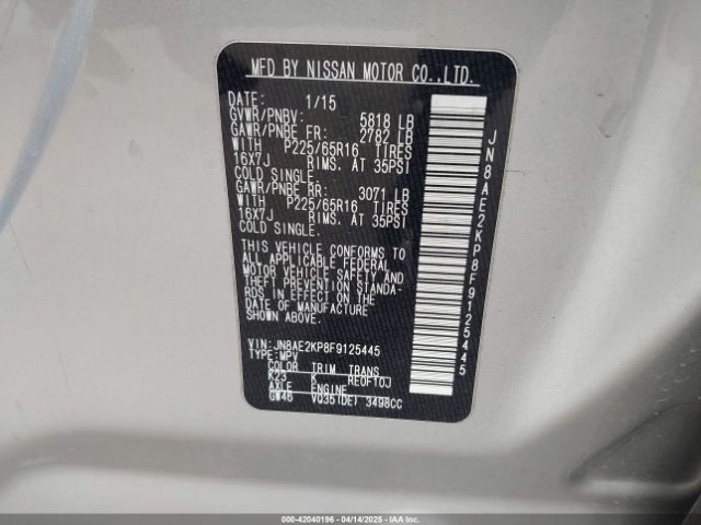 JN8AE2KP8F9125445 Nissan Quest Platinum/s/sl/sv