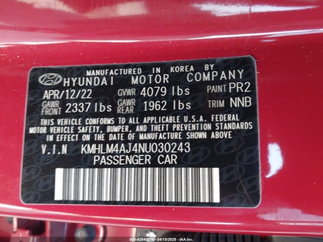 KMHLM4AJ4NU030243 Hyundai Elantra Hybrid Blue