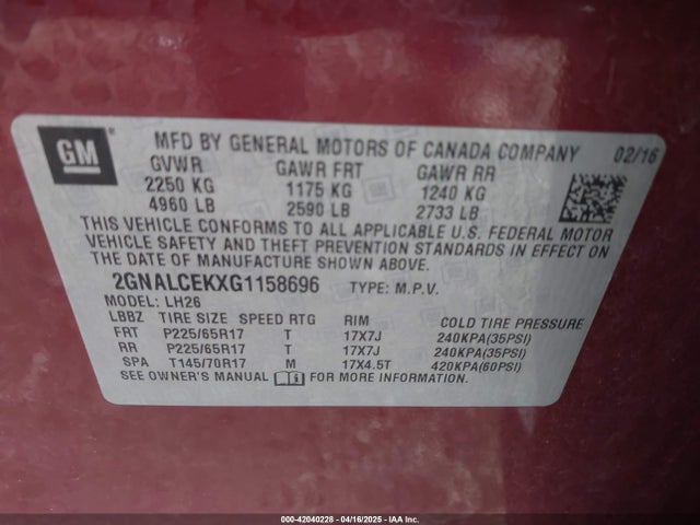 2GNALCEKXG1158696 Chevrolet EQUINOX LT