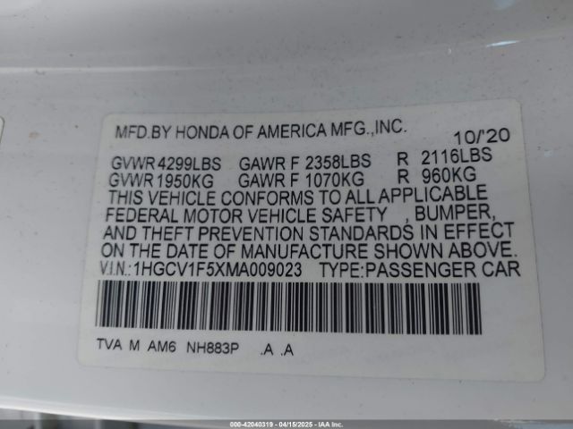 1HGCV1F5XMA009023 Honda Accord Ex-l