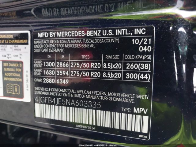 4JGFB4JE5NA603335 Mercedes-Benz GLE 350