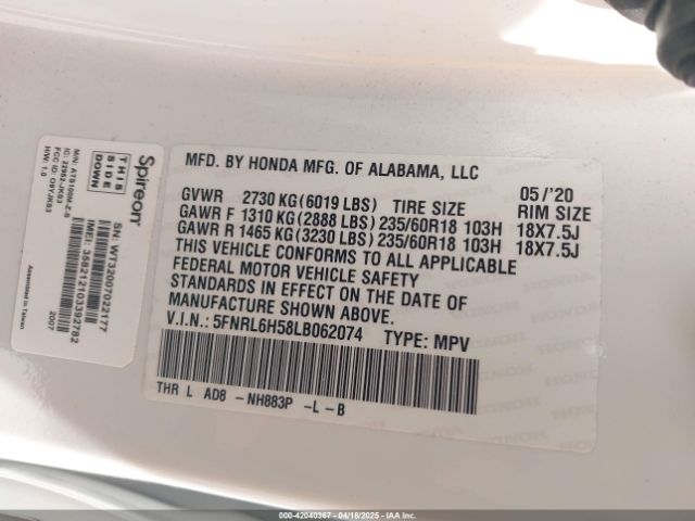 5FNRL6H58LB062074 Honda ODYSSEY EX