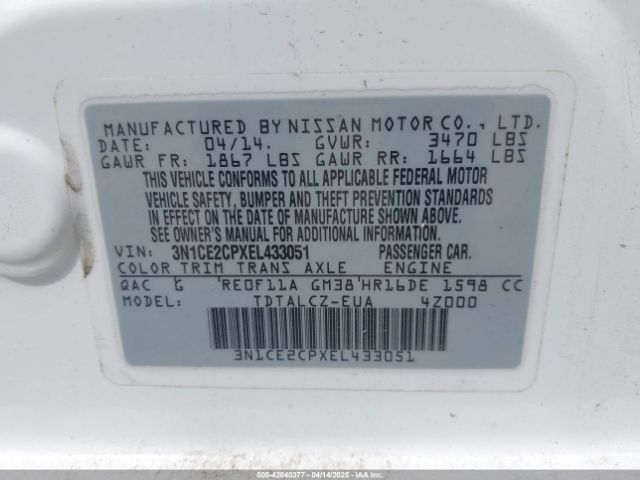 3N1CE2CPXEL433051 Nissan Versa Note S Plus