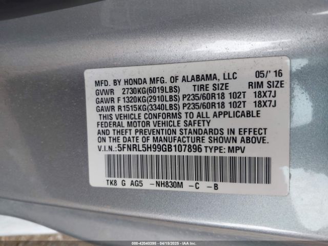 5FNRL5H99GB107896 Honda Odyssey Touring/touring Elite
