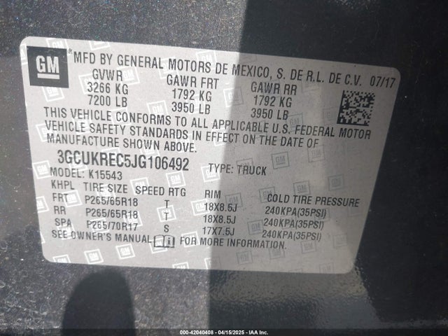 3GCUKREC5JG106492 Chevrolet Silverado 1500 2lt