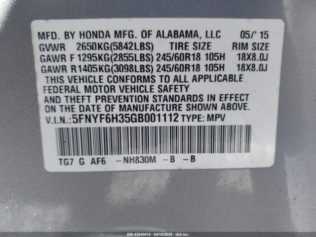 5FNYF6H35GB001112 Honda Pilot Ex