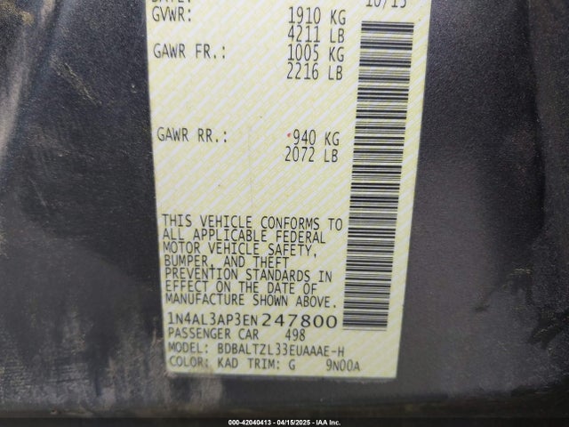 1N4AL3AP3EN247800 Nissan Altima 2.5 Sv