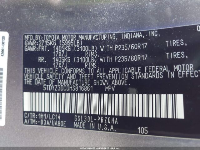 5TDYZ3DC0HS816861 Toyota Sienna Xle 8 Passenger