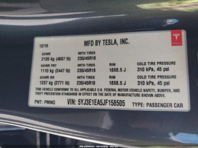 5YJ3E1EA5JF158505 Tesla Model 3 Long Range/mid Range