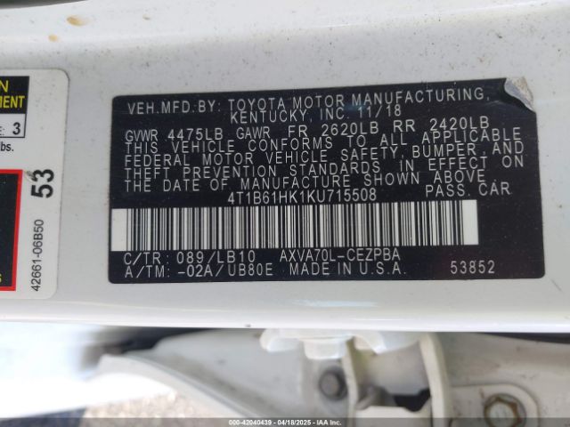 4T1B61HK1KU715508 Toyota CAMRY XSE