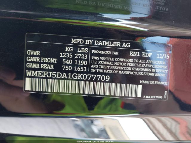 WMEFJ5DA1GK077709 Smart Fortwo Passion/prime/proxy/pure