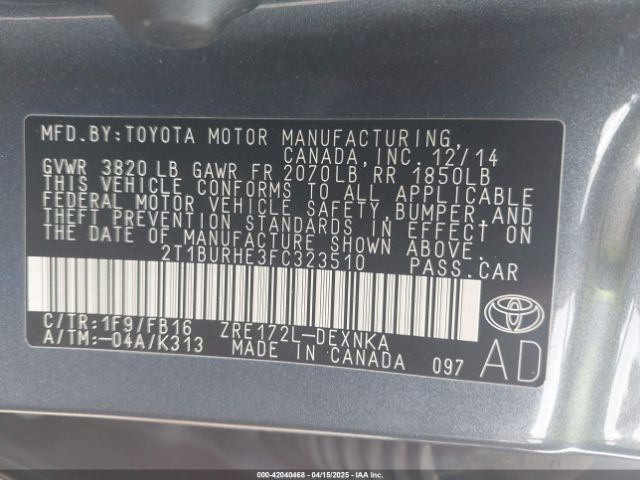 2T1BURHE3FC323510 Toyota COROLLA LE