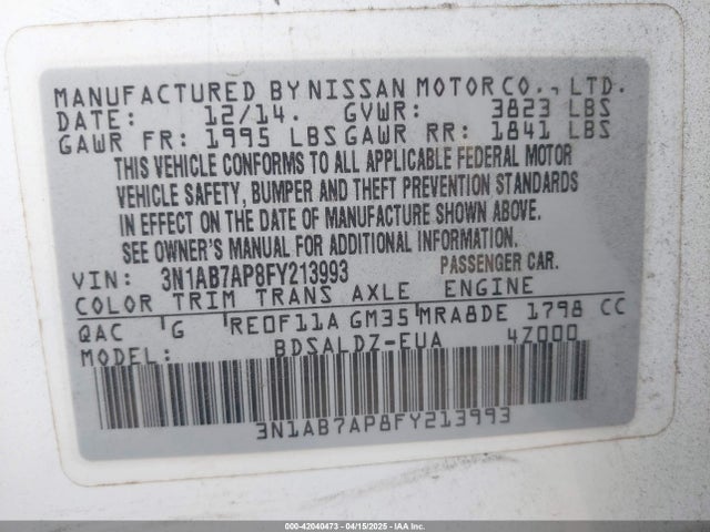 3N1AB7AP8FY213993 Nissan SENTRA SV