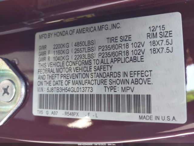 5J8TB3H54GL013773 Acura Rdx Technology   Acurawatch Plus Packages/technology Package