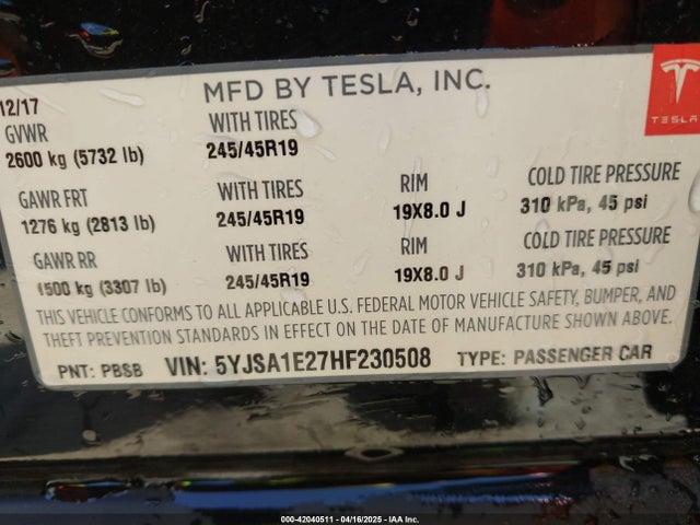 2017 TESLA MODEL S 5YJSA1E27HF230508 Photo 8