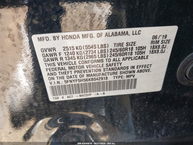 5FNYF5H56KB042918 Honda j35y6