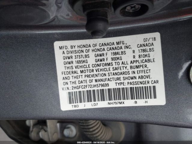 2HGFC2F72JH579699 Honda CIVIC EX