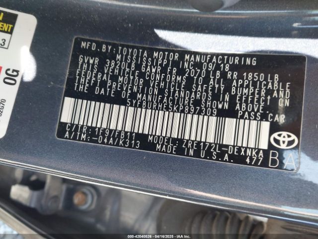 5YFBURHE5KP897309 Toyota COROLLA LE