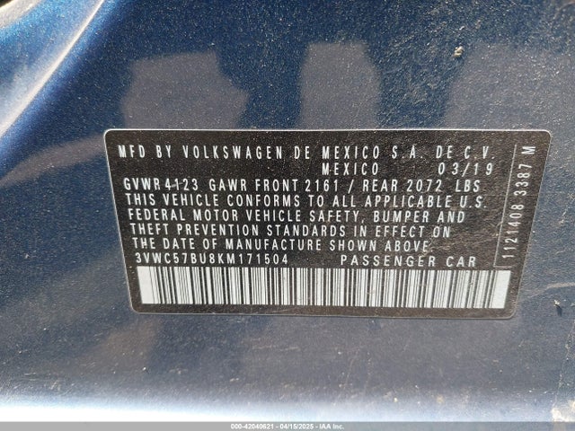 3VWC57BU8KM171504 Volkswagen Jetta 1.4t R-line/1.4t S/1.4t Se
