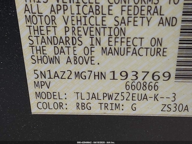 5N1AZ2MG7HN193769 Nissan MURANO S