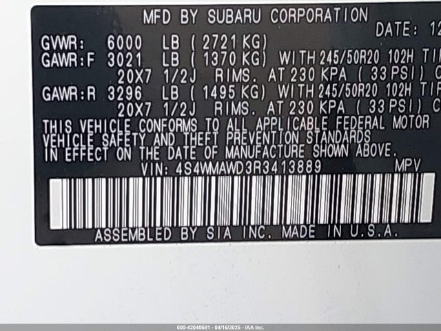 4S4WMAWD3R3413889 Subaru Ascent Touring 7-passenger