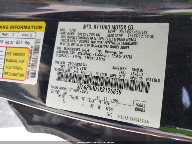 Ford FUSION SE 2019 3FA6P0HD5KR126859 Image 9