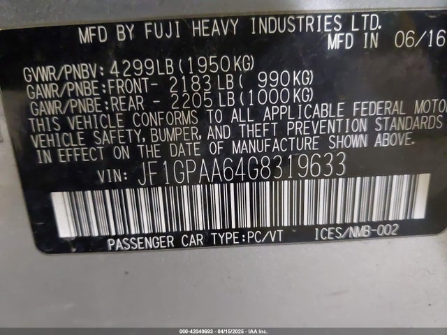 JF1GPAA64G8319633 Subaru Impreza 2.0i