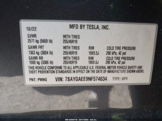7SAYGAEE9NF574634 Tesla Model Y Long Range Dual Motor All-wheel Drive