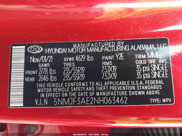 5NMJF3AE2NH063462 Hyundai gdi theta iii