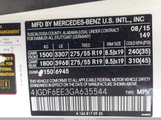 4JGDF6EE3GA635544 Mercedes-Benz Gl 450 4matic