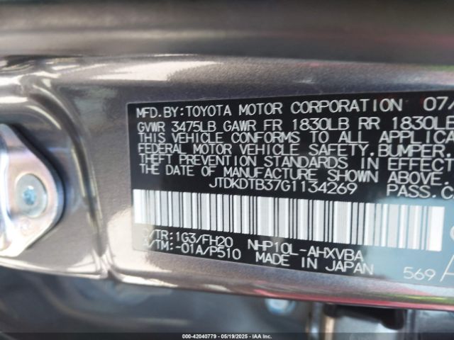 JTDKDTB37G1134269 Toyota Prius C One