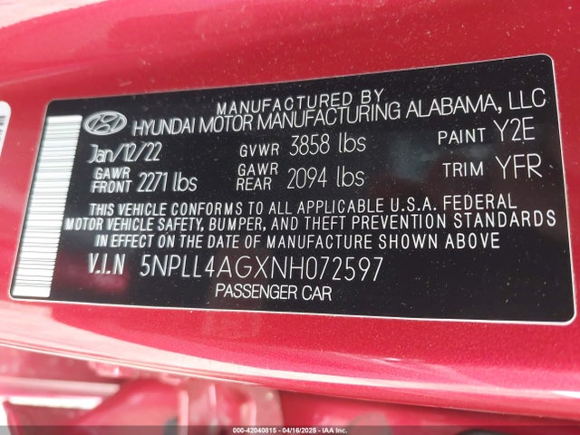 5NPLL4AGXNH072597 Hyundai ELANTRA SE