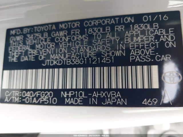 JTDKDTB38G1121451 Toyota Prius C Two