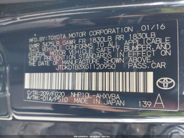 JTDKDTB3XG1120950 Toyota Prius C Two