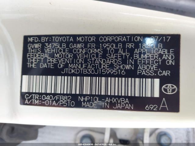 JTDKDTB30J1599516 Toyota Prius C Two