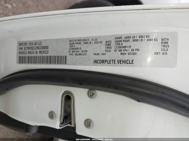 Auction sale of the 2022 Ram 3500 Chassis Tradesman/slt/laramie/limited, vin: 3C7WRSCL2NG238858, lot number: 42040850
